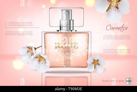 Bottiglia di profumo realistica del vettore. Confezionamento del prodotto mockup. Molla di fresco aroma di fiori di ciliegio. 3d'illustrazione del modello Illustrazione Vettoriale