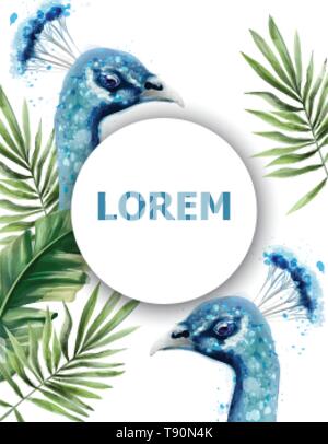 Peacock acquerello su carta del vettore. Blu tropico di uccelli esotici modello estate Illustrazione Vettoriale