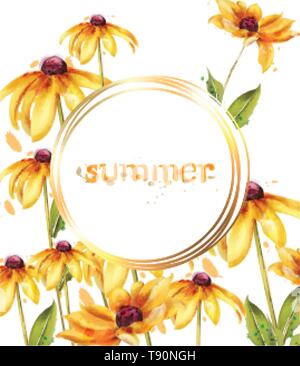 Fiori gialli vettore acquerello su carta. Estate decorazioni floreali Illustrazione Vettoriale