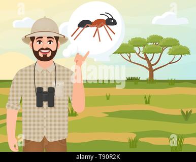 Uomo felice in un tappo di sughero hat, animale Hunter pensa una formica, safari paesaggio, acacia ombrello, campagna Africana, illustrazione vettoriale Illustrazione Vettoriale