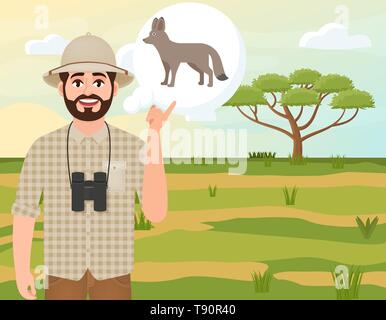 Uomo felice in Cork hat, animale Hunter pensa di fox africani, paesaggio safari, acacia ombrello, campagna Africana, illustrazione vettoriale Illustrazione Vettoriale