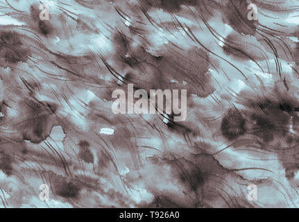 Dipinto a mano acquerello e inchiostro monocromatico modello senza cuciture con abstract onde e spruzzi. Foto Stock