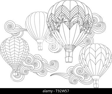 I palloni ad aria calda nel cielo. Zentangle ispirato doodle style isolato su bianco. Illustrazione Vettoriale