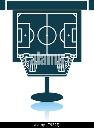 Lo Sport Bar Tavola con boccali di birra e calcio traduzione sullo schermo di proiezione e la relativa icona. Ombra di Design di riflessione. Illustrazione Vettoriale. Illustrazione Vettoriale