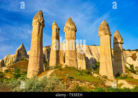 Camini di Fata rock formazione in Love Valley, Cappadocia, Goreme, Turchia Foto Stock