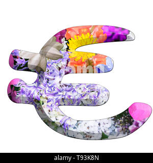 Il simbolo dell'Euro è parte di un insieme di lettere, numeri e simboli di 3D alfabeto realizzato con coloratissime immagini floreali su sfondo bianco Foto Stock