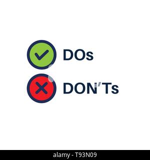 Cosa fare e da non fare o bene e male le icone con il positivo e negativo simboli Illustrazione Vettoriale