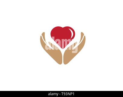 Donazione di cuore con cura delle mani salute umana e natura per logo design Illustrazione Vettoriale