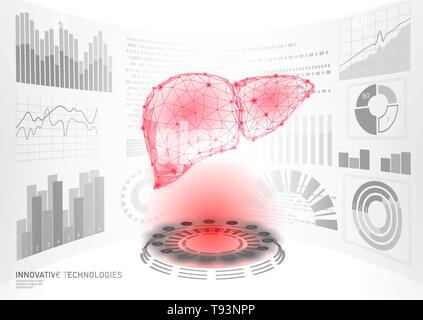 3D bassa poli di fegato umano chirurgia laser funzionamento HUD display di interfaccia utente. La tecnologia del futuro poligonale malattia medicina il trattamento con il farmaco. Blu medicina astratto ph Illustrazione Vettoriale