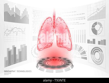 3D bassa poli umano polmoni sani virtual laser chirurgia funzionamento HUD display di interfaccia utente. La tecnologia del futuro poligonale malattia medicina il trattamento con il farmaco. La medi blu Illustrazione Vettoriale