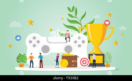 Â€oegamificationâ€ concetto life con obiettivi ricompensa e star con il team di persone e Big Trophy con un moderno stile piatto - illustrazione vettoriale Foto Stock