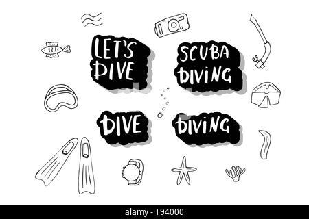 Set di scuba diving di scritte, elementi e attrezzature. Attività subacquea simboli e accessori. Maschera per immersione, aqualung e altri ingranaggi elementi isola Illustrazione Vettoriale