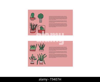 Set di schede con piante succulente in doodle stile. Impostare delle piante di casa. Poster, striscioni, biglietto di auguri, stampare elementi isolati. Vettore Illustrazione a colori. Illustrazione Vettoriale
