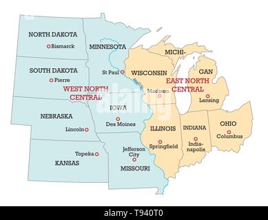 Mappa del Midwest degli Stati Uniti d'America Illustrazione Vettoriale