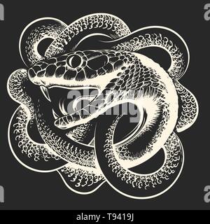 Serpente a spirale con bocca aperta su sfondo nero. Illustrazione Vettoriale. Illustrazione Vettoriale