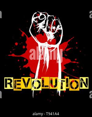 Rivoluzione o resistenza poster retrò. Pugno chiuso e sangue splat su nero. Illustrazione Vettoriale. Illustrazione Vettoriale