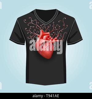 Il cuore umano e il modello di turbolenza su sfondo nero. Maglietta modello di stampa. Illustrazione Vettoriale. Illustrazione Vettoriale
