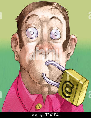 Close-up di sorpresa e disperato cerca uomo con lucchetto per chiudere la bocca e la censura Foto Stock