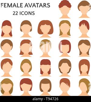 Avatar femminili icon set. Le donne senza emozioni sulla faccia, ragazze con diverse acconciature e colore dei capelli illustrazione vettoriale Illustrazione Vettoriale