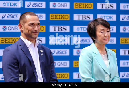 YOKOHAMA, Giappone - 10 Maggio: Sindaco di Yokohama, Fumiko Hayashi, durante la conferenza stampa ufficiale del 2019 mondiali IAAF Campionati di relè al Nissan Stadium il 10 maggio 2019 a Yokohama, Giappone. (Foto di Roger Sedres per la IAAF) Foto Stock