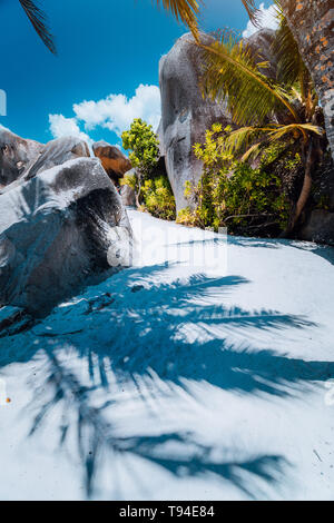 Percorso a piedi lungo la spiaggia tra giganteschi massi di granito su Anse Source d Argent, La Digue Island Seychelles. Il contrasto ombra di foglie di palmo su Foto Stock