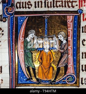 Escena de martirio, miniatura de la "Biblia Sacra', tinta sobre pergamino, 1268. Museo Episcopale Archivo de Vic. Foto Stock