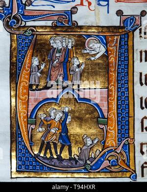 Lapidación, miniatura de la "Biblia Sacra', tinta sobre pergamino, 1268. Museo Episcopale Archivo de Vic. Foto Stock