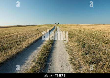 Lunga strada di campagna in salita attraverso i campi di stoppie, orizzonte e cielo blu Foto Stock
