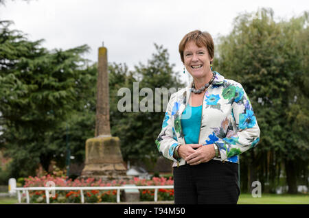 Caroline Spelman MP raffigurata sul Villaggio Verde a Meriden, West Midlands (storicamente noto come il centro esatto dell'Inghilterra) dove ella è stata MP dal 1997. Foto Stock