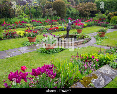 Chenies Manor House Sunken giardino scultura nel laghetto ornamentale in riducendo, gli spruzzi di pioggia in maggio con vivaci tulip varietà; un posto bellissimo. Foto Stock