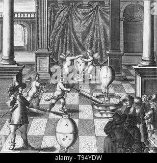 Otto von Guericke e la sua pompa dell'aria. Da 'Mechanica-hydraulico-pneumatica' di Gaspar Schott. Pubblicato, 1657. Otto von Guericke (1602-1686) è stato uno scienziato tedesco, inventore e politico. I suoi principali risultati scientifici sono stati la creazione della fisica del vuoto, la scoperta di un metodo sperimentale per dimostrando chiaramente la repulsione elettrostatica e la sua difesa della realtà di azione a distanza e di spazio assoluto. Foto Stock