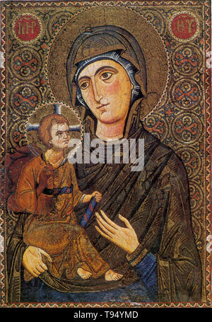 Santa Caterina Monastero della Madonna e Bambino del XIII secolo. Un Odigitria è una rappresentazione iconografica della Theotokos (Vergine) tenendo il Bambino Gesù al suo fianco mentre rivolti a lui come fonte di salvezza per l'umanità. Nella Chiesa Occidentale questo tipo di icona è talvolta chiamato la Nostra Signora del cammino. Santa Caterina il monastero si trova sulla penisola del Sinai, alla bocca di una gola ai piedi del monte Sinai, nella città di Santa Caterina, Egitto nel Sinai del Sud governatorato. Foto Stock