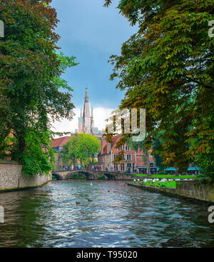 Bruges, Belgio - 10 agosto 2017:cigni nel lago di amore in Bruges, canale vista panoramica vicino Begijnhof Foto Stock