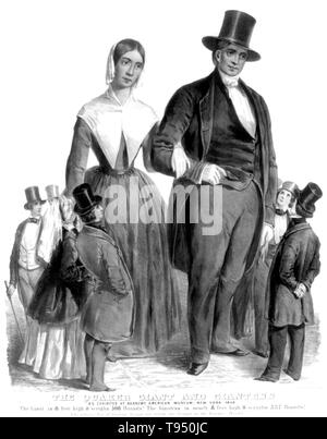 Titolo: "Quaker gigante e gigantessa. Come esposto al Barnum's American Museum." Robert Hales (Maggio 2, 1820 - 1863) era un inglese un esecutore di sideshow sapere come il gigante di Norfolk. Egli crebbe fino ad una altezza di 7 piedi 8 pollici, è stato detto di essere oltre 450 libbre con un petto measurment di 64 pollici. All età di 13 anni è entrato a far parte della marina militare, ma quando aveva diciassette anni divenne di grande. Hales ha iniziato ad esibirsi in occasione di fiere e spettacoli in tutto il paese. Foto Stock