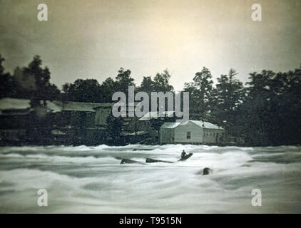Daguerreotype mostra Giuseppe Avery arenati su rocce del Fiume Niagara, luglio 1853. Fotografata da daguerreotypist Platt D. Babbitt (1822-1879). Tre uomini in barca nel fiume Niagara sono stati travolti dal fiume della forte corrente, ha perso il controllo della loro barca e si è schiantato in una roccia. La corrente condotta due uomini immediatamente al di sopra del cade per la loro morte. Questo daguerreotype mostra il terzo uomo, intrecciato su un registro che si era bloccato tra due rocce. Egli ha superato la fase corrente per diciotto ore prima di soccombere al fiume. L'immagine è un primo esempio di una news fotografia. Foto Stock