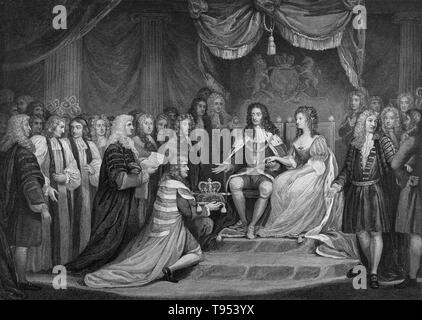 Titolo: ''Guglielmo d Orange, e Maria, sua moglie inglese sono presentati con la corona. William III & II (4 novembre 1650 - 8 Marzo 1702) era un principe sovrano di arancio della casa di Orange-Nassau dalla nascita. Dal 1689 ha regnato come William III su Inghilterra e Irlanda. Come re di Scozia, egli è conosciuto come William II. Nel 1688 egli ha invaso l'Inghilterra in un azione che infine deposto re Giacomo II e VII e ha vinto lui le corone di Inghilterra e Scozia e Irlanda. Foto Stock
