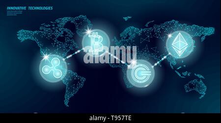 Internazionale globale cryptocurrency blockchain. Mappa mondo bassa poli moderna finanza futuro design bancario. Triangolo poligonale bitcoin ethereum ripple Illustrazione Vettoriale