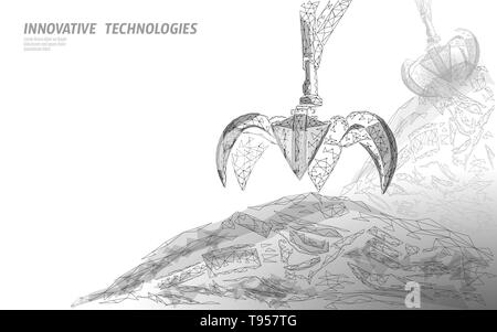 3d rifiuti braccio gru a denti. Bassa poli poligonale di discarica di rifiuti industriali banner eco. Pianeta inquinamento globale grabber ecologia illustrazione vettoriale Illustrazione Vettoriale