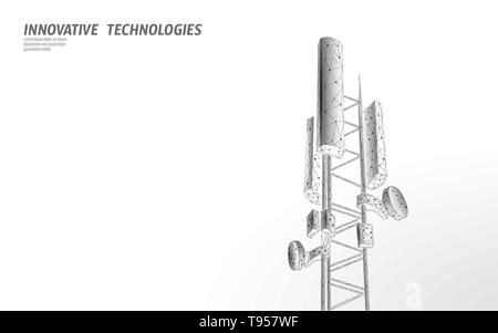 3d ricevitore della stazione base. torre di telecomunicazioni 5g design poligonale globale informazioni di connessione trasmettitore. L'antenna della radio mobile vettore cellulare Illustrazione Vettoriale