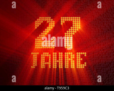 Il tedesco numero aureo ventisette anni (numero 27 anni) font tratteggiata, vista dall'alto, con i raggi di luce. 3D illustrazione Foto Stock
