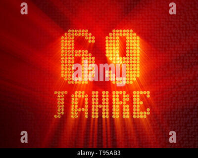 Il tedesco numero aureo sessantanove anni (numero 69 anni) font tratteggiata, vista dall'alto, con i raggi di luce. 3D illustrazione Foto Stock