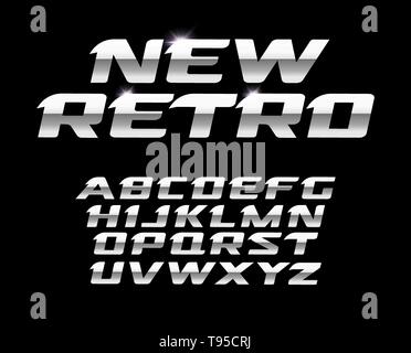 Nuove lettere retrò set. Acciaio lucido texture, metallo vettore stile alfabeto latino. Font per il design futuristico, logo moderno, banner, monogramma e Illustrazione Vettoriale