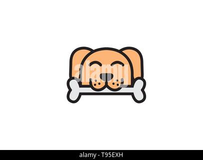 Cute cane morsi sull'osso per l'illustrazione di disegno di logo, icona di faccia sorridente, simbolo dell'animale domestico della testa Illustrazione Vettoriale