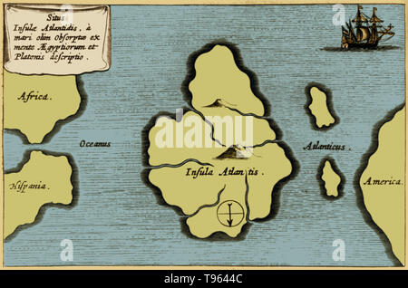 La colorazione di Athanasius Kircher, mappa di Atlantis, nel mezzo dell'Oceano Atlantico da Mundus subterraneus, 1665 edition. La mappa è orientata con il sud in alto. La storia del continente perduto di Atlantide inizia nel 355 A.C. con il filosofo greco Platone. Foto Stock