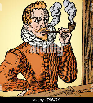 Un uomo è il fumo a gambo lungo il tubo; un altro tubo e un rotolo di tabacco sono su un tavolo di fronte a lui. Incisione da "Een korte beschrijvinge van het wonderlijcke kruyt tabacco, pagina titolo vignette", 1623. Questa incisione è la prima nota di immagine di un uomo di fumare un tubo che originariamente apparsa in Anthony scivolo di tabaco, 1595. Questa immagine è stata migliorata a colori. Foto Stock