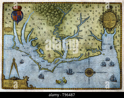 Titolo: '(tradotti dal latino) una parte di America, ora Virginia: per la prima volta dall'inglese trovata, sumtibus Dn. Walter Raleigh, l'ordine equestre dei poteri, dell'anno di nostro Signore, 1585.' apparve in Thomas Hariot un Briefe e vera relazione della ritrovata la terra della Virginia (1588), prima persona conto da uno scienziato valuably successivamente arricchita con incisioni da Theodor de Bry, 1590 dopo un John White Acquerello, 1585. Questa immagine è stata migliorata a colori. Foto Stock