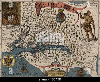 Colore versione potenziata del capitano John Smith è mappa di Virginia dall'Historie generali della Virginia, New-England, e l'estate Isles, 1624. Foto Stock