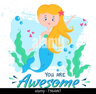 Illustrazione Vettoriale con graziosi mermaid e la frase - si sono fantastici. Design elegante per banner, poster in vivaio o stampare per bambini usura. Illustrazione Vettoriale