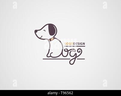 Il logo del cane modello. Felice logotipo cucciolo isolato su sfondo bianco. Il corpo e la coda sono realizzati da disegnati a mano lettere cane. Vector concept design. Illustrazione Vettoriale