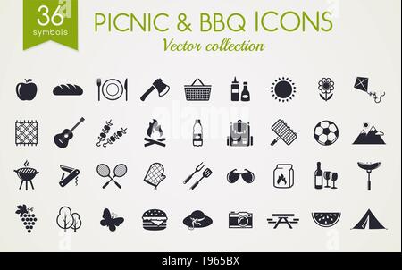 Icone web picnic e barbecue. Set di simboli neri per un tema estivo di ricreazione all'aperto. Raccolta vettoriale di elementi di silhouette isolati su bianco. Illustrazione Vettoriale
